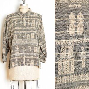 vintage 90s 100% linen jacket top CHICOS beige neutral tribal pattern blouse L